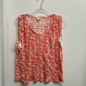 Women's Orange gauzy tasseled untucked Floral Sleeveless Top